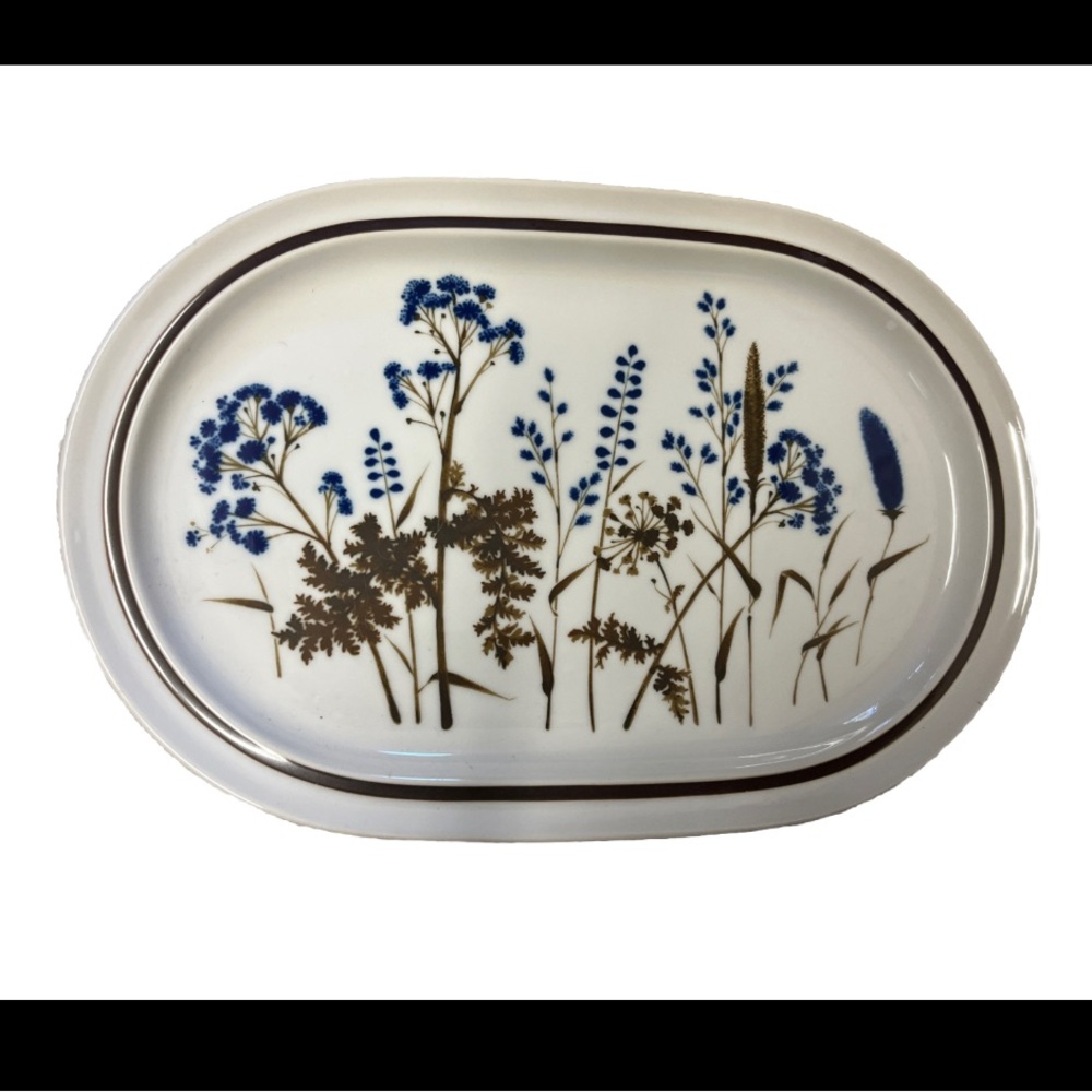 Vintage NORITAKE JAPAN PRIMASTONE WINSOME OVAL PLATTER BLUE CATTAILS LARGE